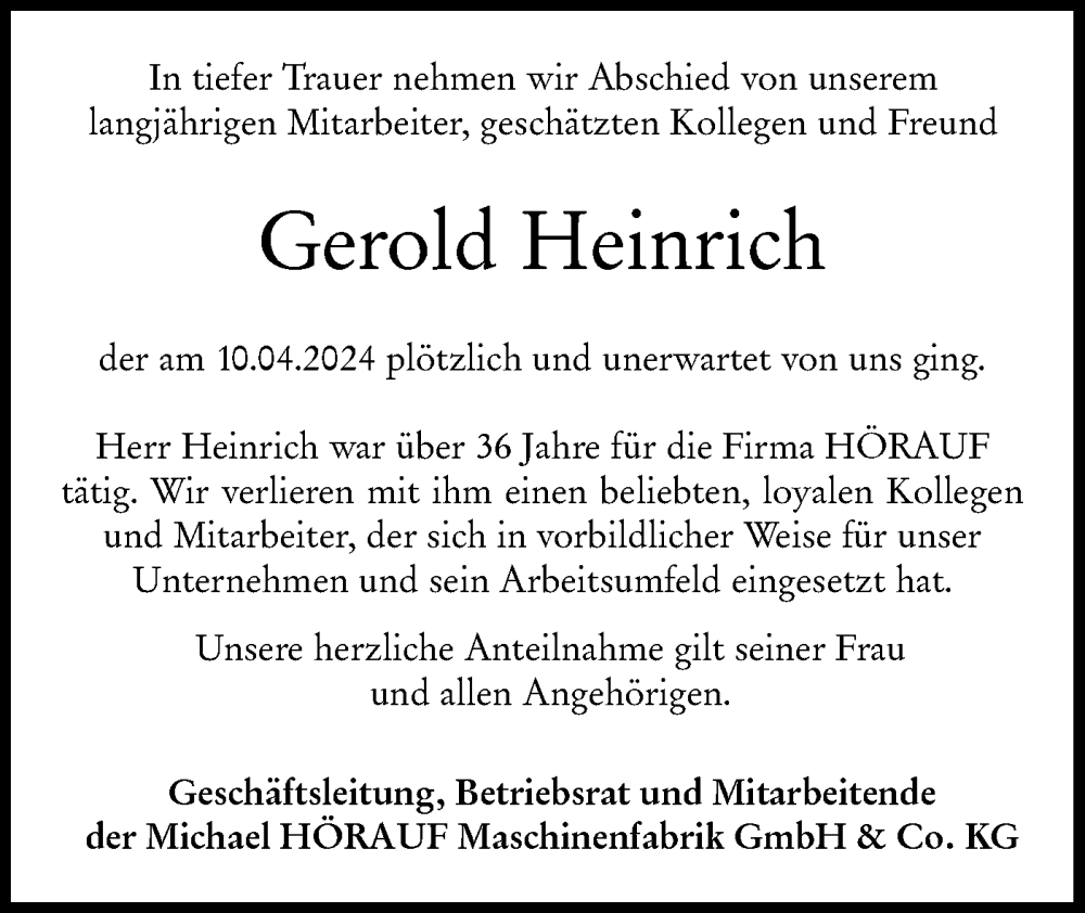  Traueranzeige für Gerold Heinrich vom 16.04.2024 aus NWZ Neue Württembergische Zeitung