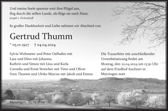 Traueranzeige von Gertrud Thumm von Alb-Bote/Metzinger-Uracher Volksblatt