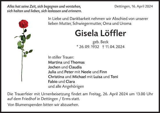 Traueranzeige von Gisela Löffler von Alb-Bote/Metzinger-Uracher Volksblatt
