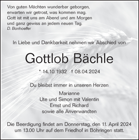 Traueranzeige von Gottlob Bächle von Alb-Bote/Metzinger-Uracher Volksblatt