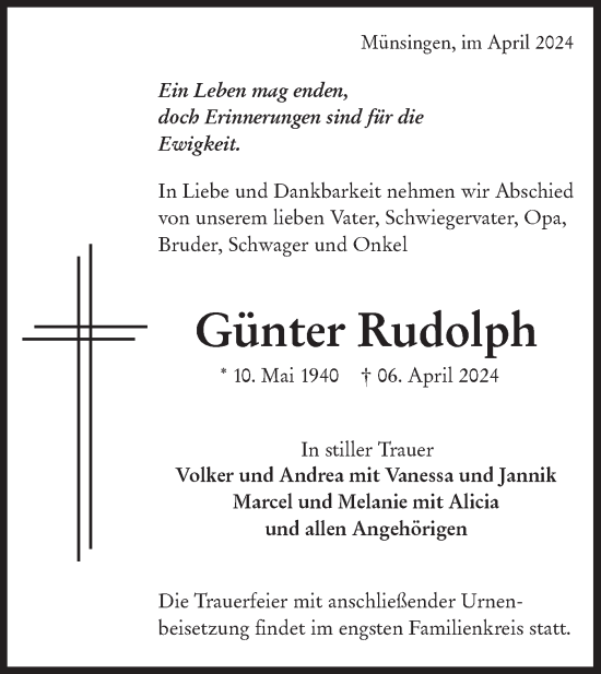Traueranzeige von Günter Rudolph von Alb-Bote/Metzinger-Uracher Volksblatt