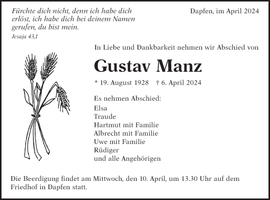 Traueranzeige von Gustav Manz von Alb-Bote/Metzinger-Uracher Volksblatt