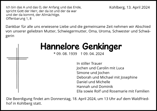 Traueranzeige von Hannelore Genkinger von Alb-Bote/Metzinger-Uracher Volksblatt