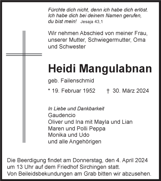 Traueranzeige von Heidi Mangulabnan von Alb-Bote/Metzinger-Uracher Volksblatt