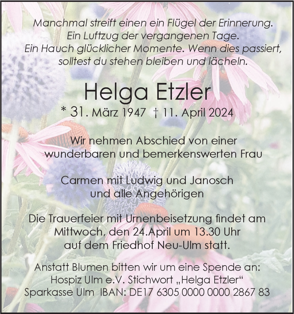  Traueranzeige für Helga Etzler vom 20.04.2024 aus SÜDWEST PRESSE Ausgabe Ulm/Neu-Ulm