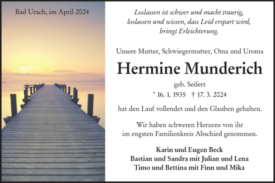 Traueranzeige von Hermine Munderich von Alb-Bote/Metzinger-Uracher Volksblatt