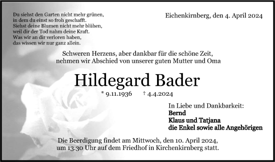 Traueranzeige von Hildegard Bader von Rundschau Gaildorf