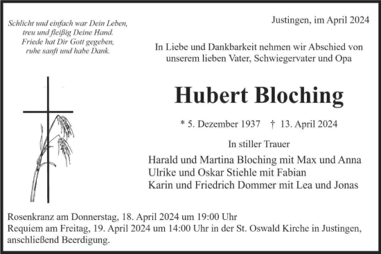 Traueranzeige von Hubert Bloching von Ehinger Tagblatt
