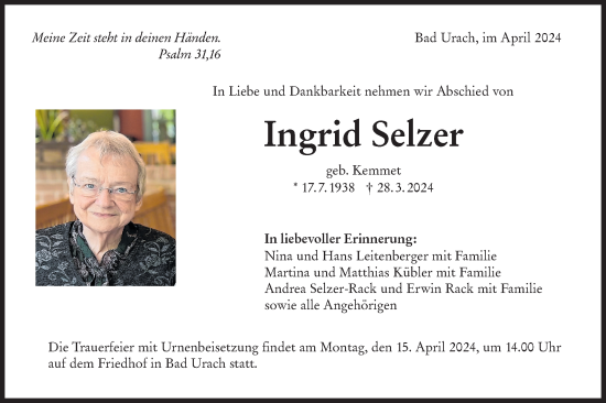 Traueranzeige von Ingrid Selzer von Alb-Bote/Metzinger-Uracher Volksblatt