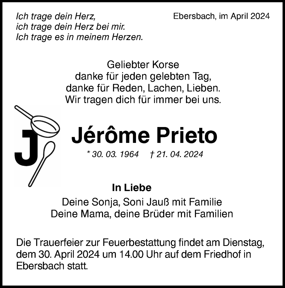  Traueranzeige für Jerome Prieto vom 24.04.2024 aus NWZ Neue Württembergische Zeitung