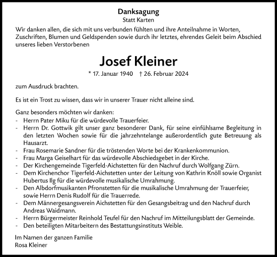Traueranzeige von Josef Kleiner von Alb-Bote/Metzinger-Uracher Volksblatt
