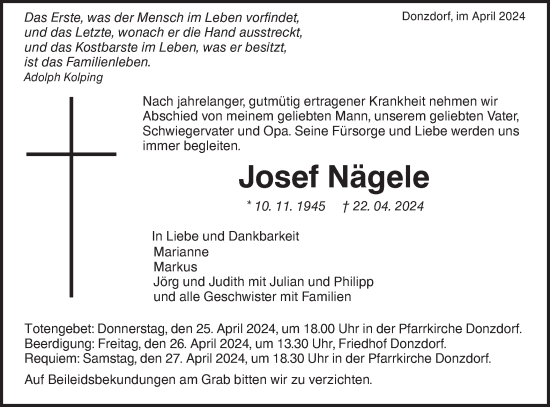 Traueranzeige von Josef Nägele von NWZ Neue Württembergische Zeitung/Geislinger Zeitung