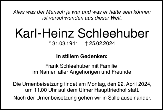 Traueranzeige von Karl-Heinz Schleehuber von SÜDWEST PRESSE Ausgabe Ulm/Neu-Ulm
