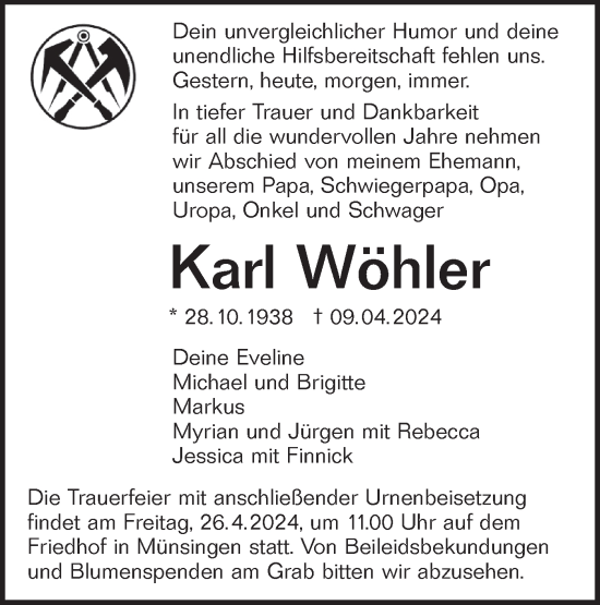 Traueranzeige von Karl Wöhler von Alb-Bote/Metzinger-Uracher Volksblatt