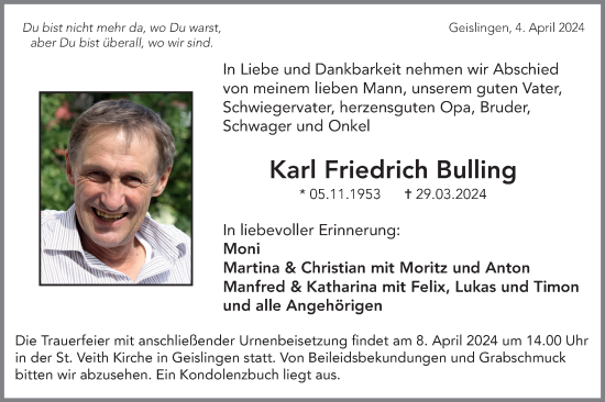 Traueranzeige von Karl Friedrich Bulling von Haller Tagblatt
