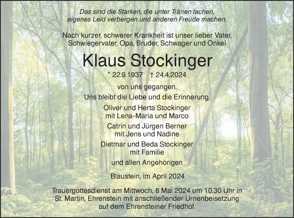  Traueranzeige für Klaus Stockinger vom 27.04.2024 aus SÜDWEST PRESSE Ausgabe Ulm/Neu-Ulm