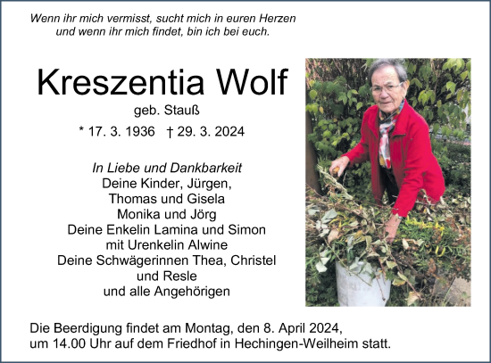 Traueranzeige von Kreszentia Wolf von SÜDWEST PRESSE Zollernalbkreis/Hohenzollerische Zeitung