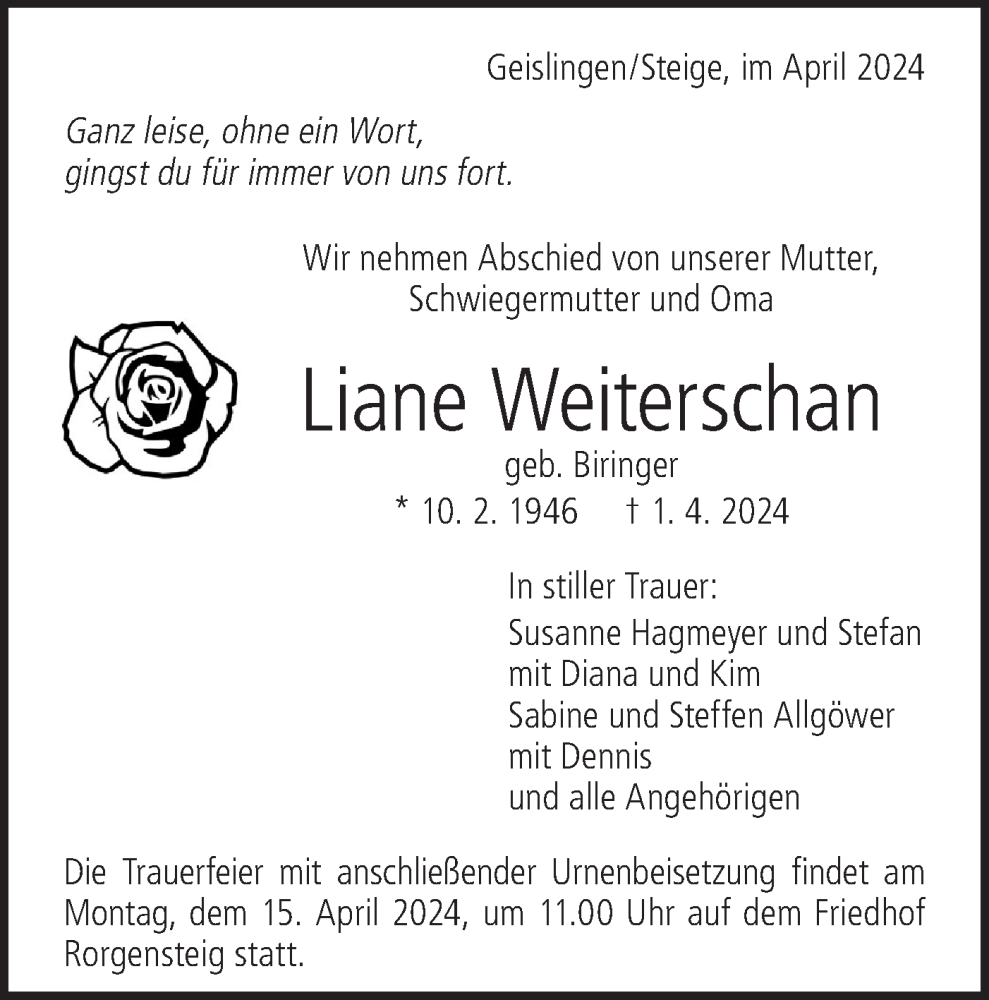  Traueranzeige für Liane Weiterschan vom 10.04.2024 aus Geislinger Zeitung