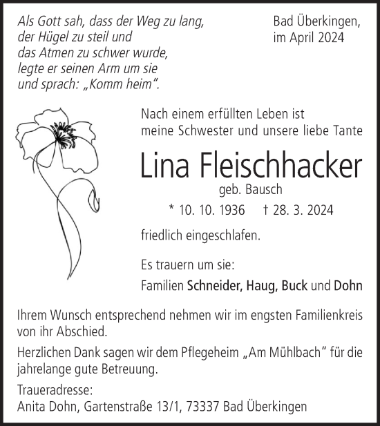Traueranzeige von Lina Fleischhacker von Geislinger Zeitung