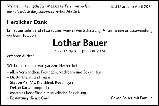 Traueranzeige von Lothar Bauer von Alb-Bote/Metzinger-Uracher Volksblatt