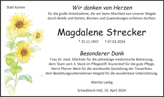 Traueranzeige von Magdalene Strecker von Haller Tagblatt