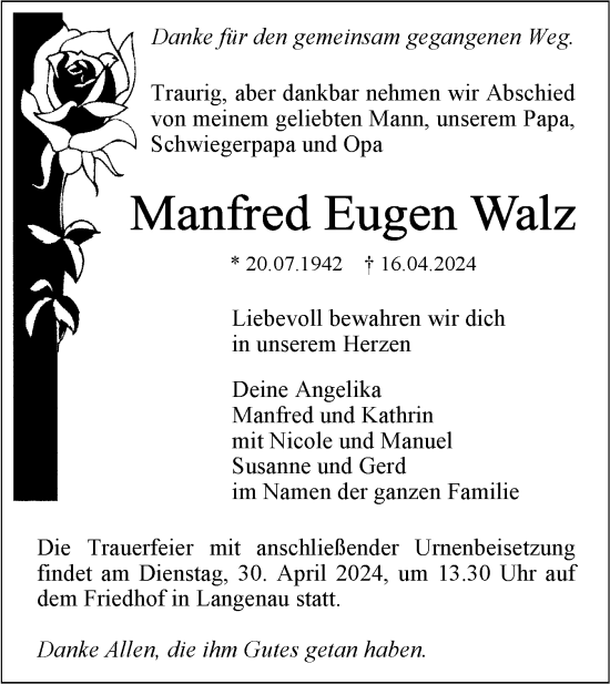 Traueranzeige von Manfred Eugen Walz von SÜDWEST PRESSE Ausgabe Ulm/Neu-Ulm