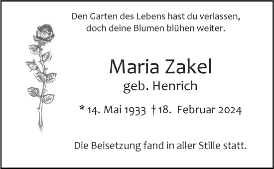 Traueranzeige von Maria Zakel von SÜDWEST PRESSE Ausgabe Ulm/Neu-Ulm