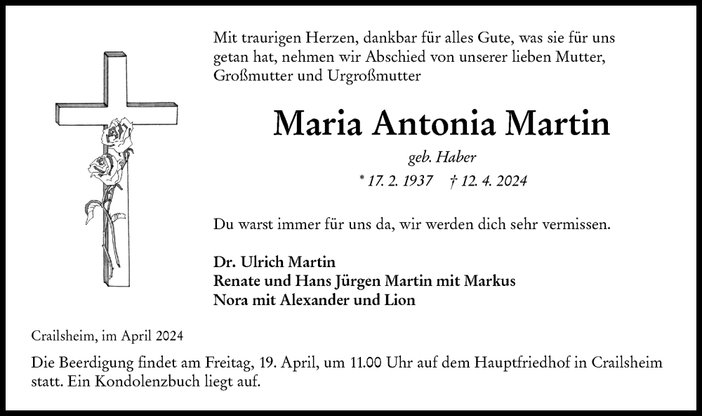  Traueranzeige für Maria Antonia Martin vom 16.04.2024 aus Hohenloher Tagblatt