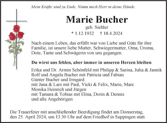 Traueranzeige von Marie Bucher von SÜDWEST PRESSE Ausgabe Ulm/Neu-Ulm