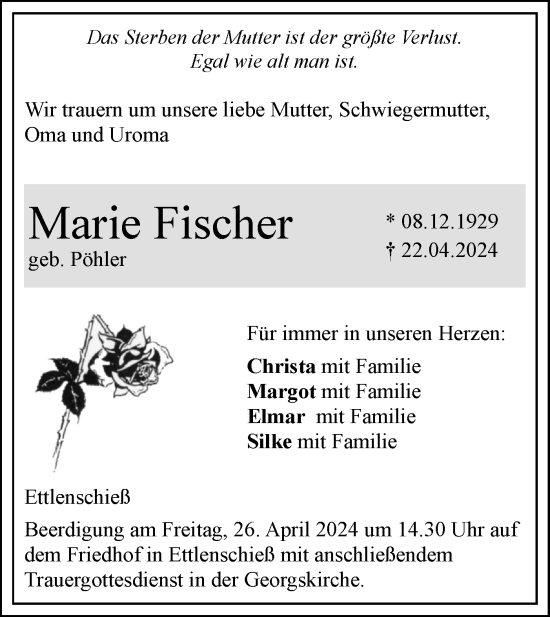 Traueranzeige von Marie Fischer von SÜDWEST PRESSE Ausgabe Ulm/Neu-Ulm