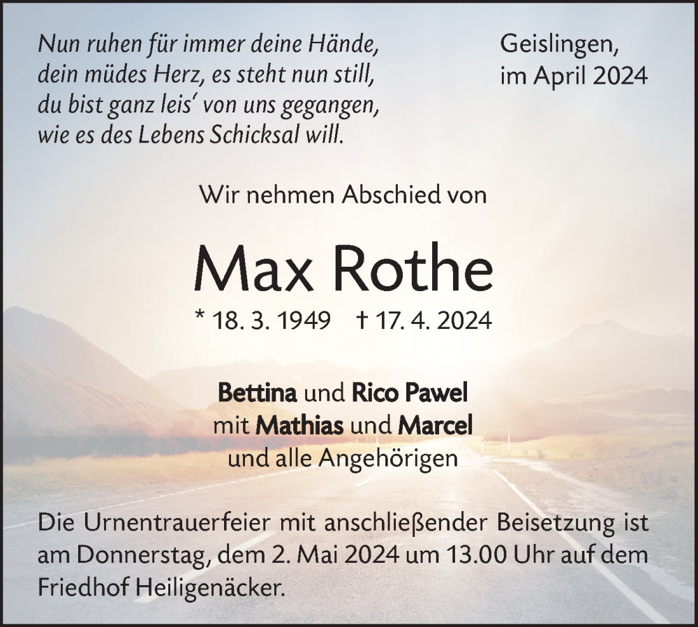  Traueranzeige für Max Rothe vom 26.04.2024 aus Geislinger Zeitung