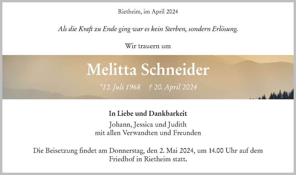  Traueranzeige für Melitta Schneider vom 25.04.2024 aus Alb-Bote/Metzinger-Uracher Volksblatt