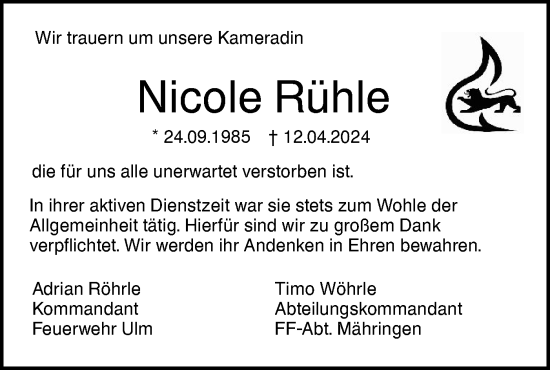 Traueranzeige von Nicole Rühle von SÜDWEST PRESSE Ausgabe Ulm/Neu-Ulm