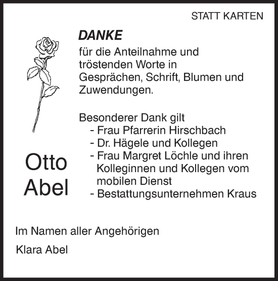 Traueranzeige von Otto Abel von Hohenloher Tagblatt