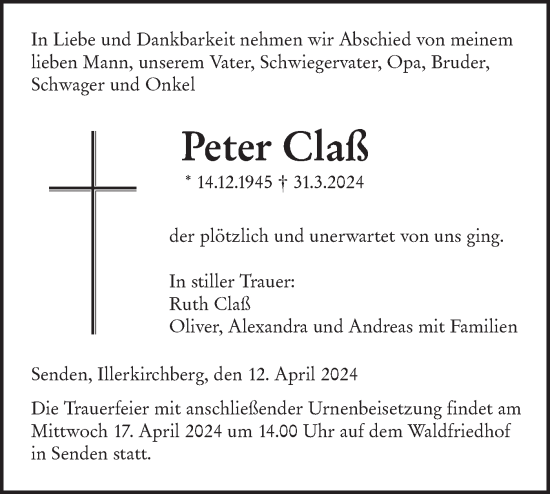 Traueranzeige von Peter Claß von SÜDWEST PRESSE Ausgabe Ulm/Neu-Ulm