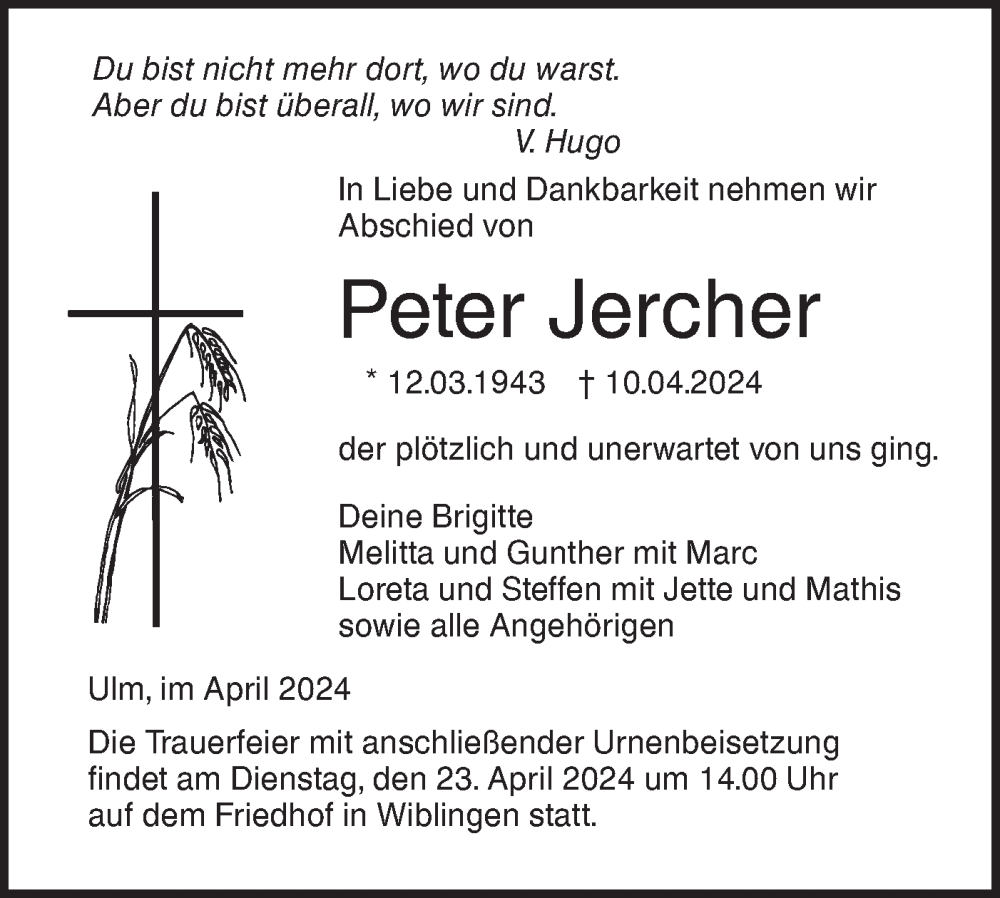  Traueranzeige für Peter Jercher vom 20.04.2024 aus SÜDWEST PRESSE Ausgabe Ulm/Neu-Ulm