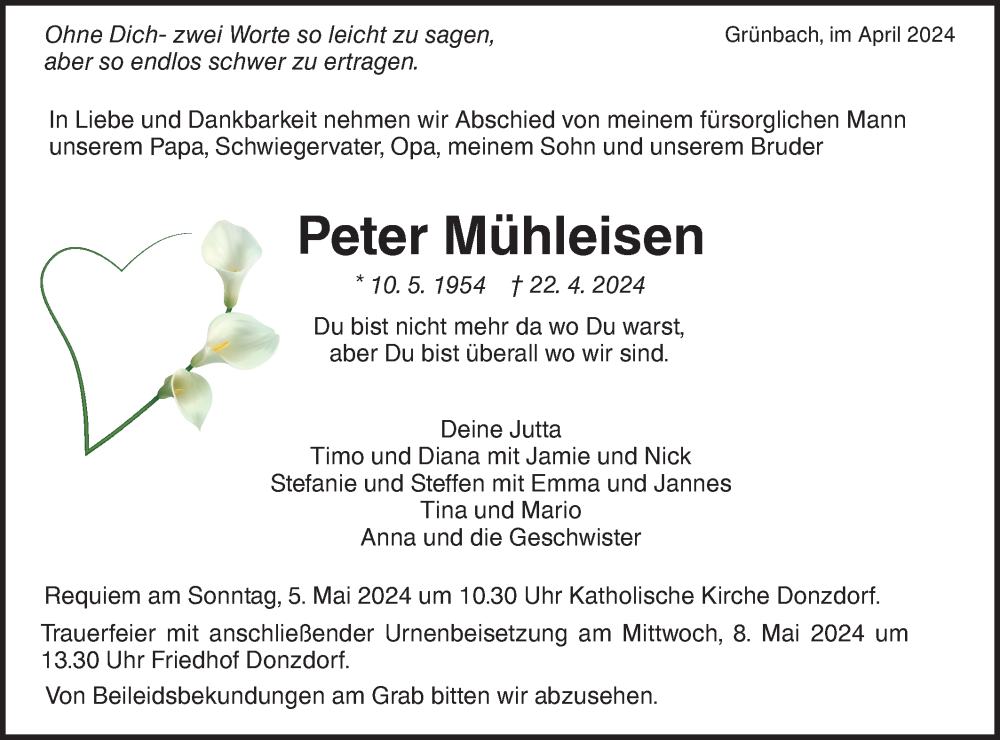 Traueranzeige für Peter Mühleisen vom 27.04.2024 aus NWZ Neue Württembergische Zeitung