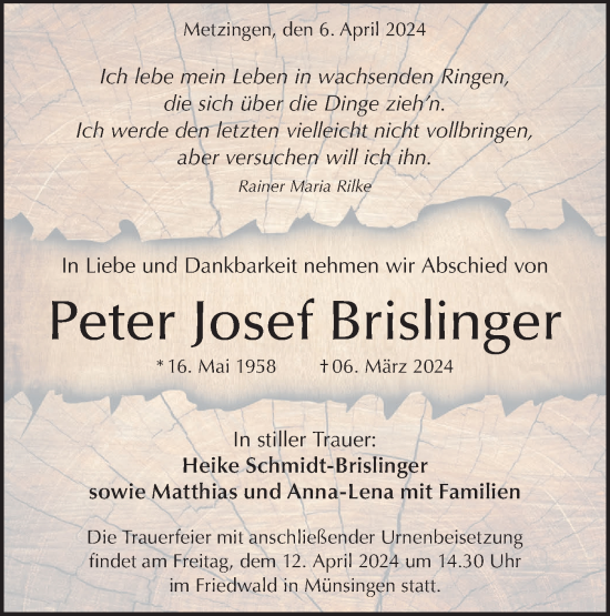 Traueranzeige von Peter Josef Brislinger von Alb-Bote/Metzinger-Uracher Volksblatt