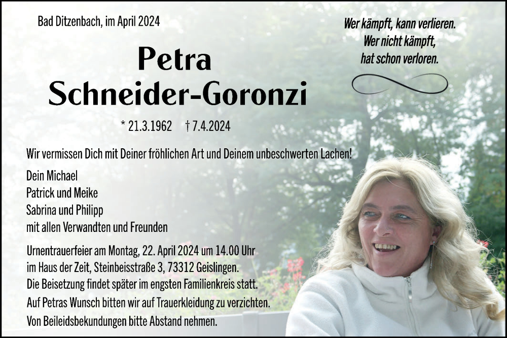  Traueranzeige für Petra Schneider-Goronzi vom 16.04.2024 aus Geislinger Zeitung