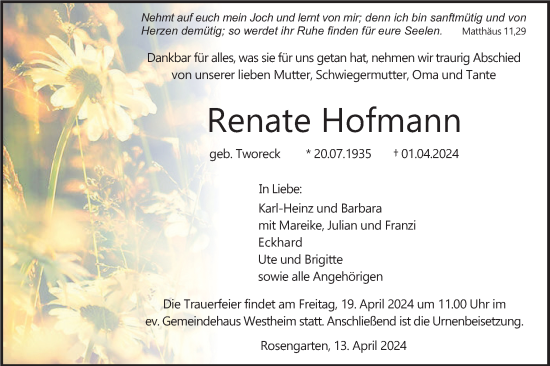 Traueranzeige von Renate Hofmann von Haller Tagblatt
