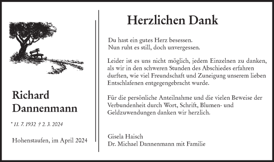 Traueranzeige von Richard Dannenmann von NWZ Neue Württembergische Zeitung