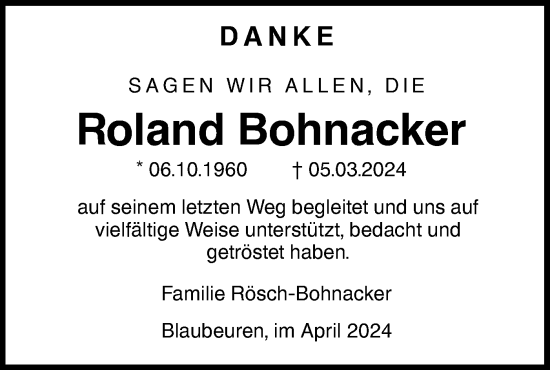 Traueranzeige von Roland Bohnacker von SÜDWEST PRESSE Ausgabe Ulm/Neu-Ulm/Das Blaumännle