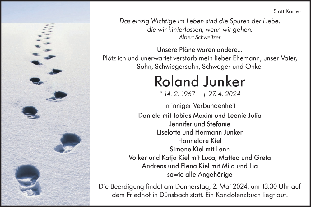  Traueranzeige für Roland Junker vom 30.04.2024 aus Hohenloher Tagblatt