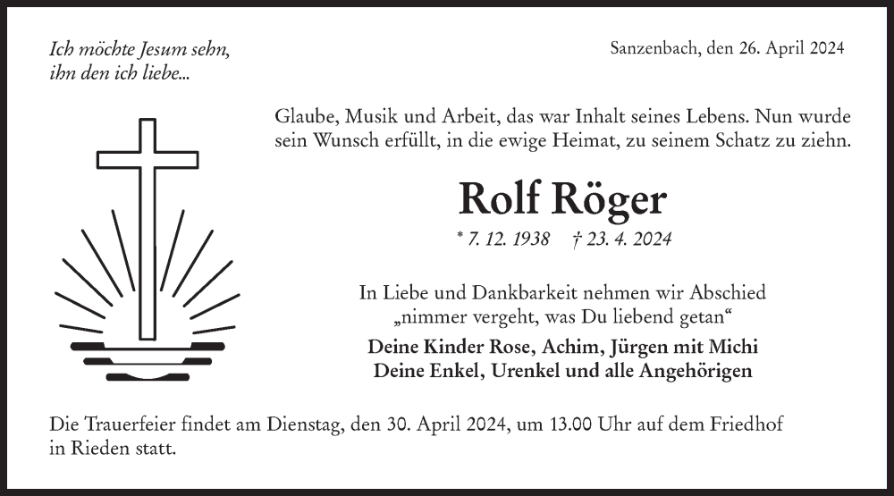  Traueranzeige für Rolf Röger vom 26.04.2024 aus Haller Tagblatt