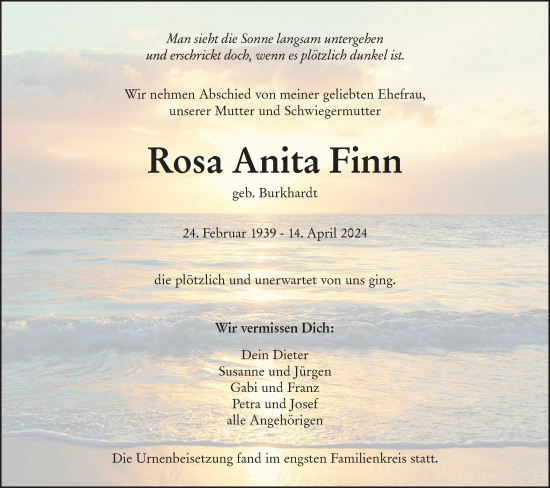 Traueranzeige von Rosa Anita Finn von SÜDWEST PRESSE Ausgabe Ulm/Neu-Ulm