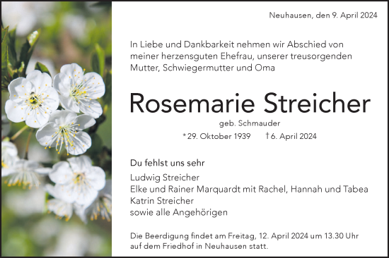 Traueranzeige von Rosemarie Streicher von Alb-Bote/Metzinger-Uracher Volksblatt