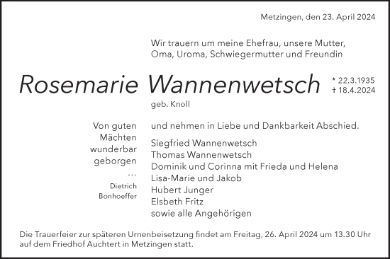Traueranzeige von Rosemarie Wannenwetsch von Alb-Bote/Metzinger-Uracher Volksblatt