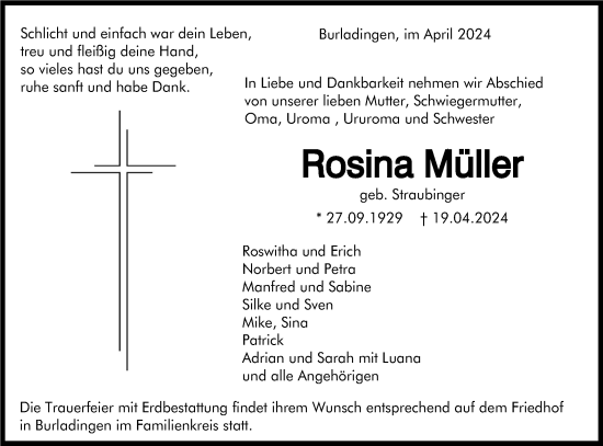 Traueranzeige von Rosina Müller von SÜDWEST PRESSE Zollernalbkreis/Hohenzollerische Zeitung