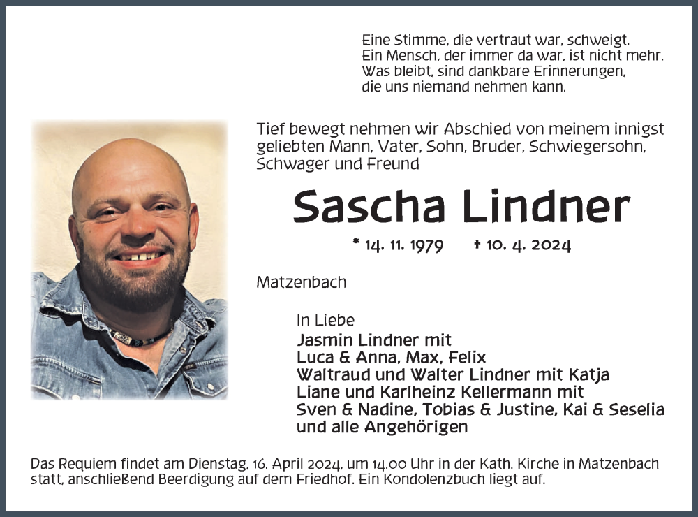  Traueranzeige für Sascha Lindner vom 13.04.2024 aus Hohenloher Tagblatt