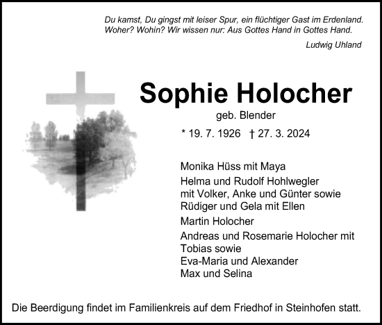 Traueranzeige von Sophie Holocher von SÜDWEST PRESSE Zollernalbkreis/Hohenzollerische Zeitung